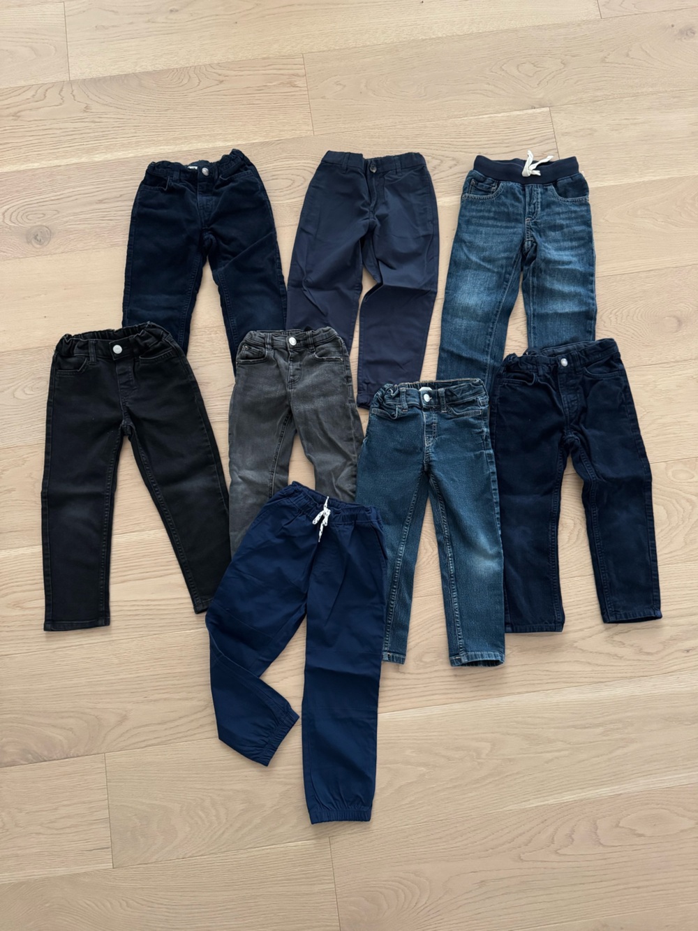 8 Pairs of Kids Navy, Black, and Blue Stretch Pull-On Pants - Zara, Gap, etc.